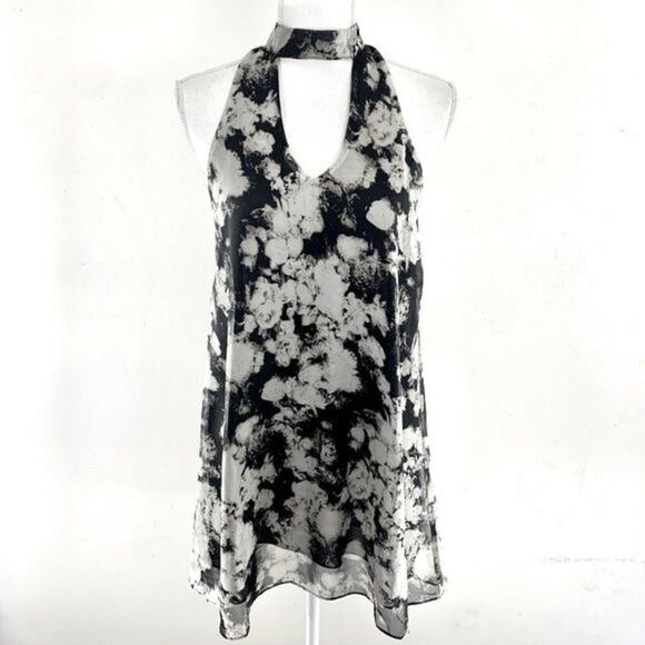 ANGL Black Mini Dress‎ Size S Keyhole Floral A-Line Halter - Picture 1 of 5